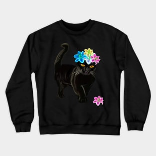 Black Cat with flower crown. Cat themed gifts for women and men Crewneck Sweatshirt